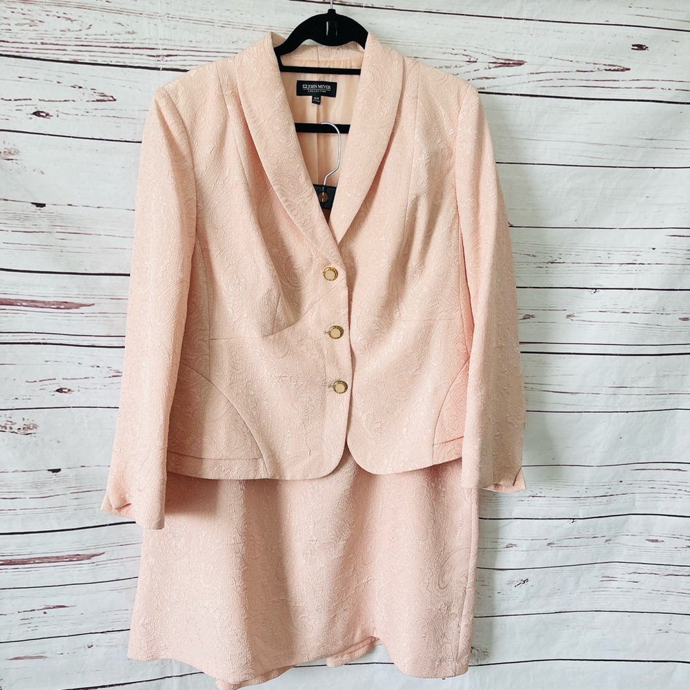 John Meyer 2PC Skirt Suit Womens Plus Size 14W Peach Blazer Buttons Quilted.‎